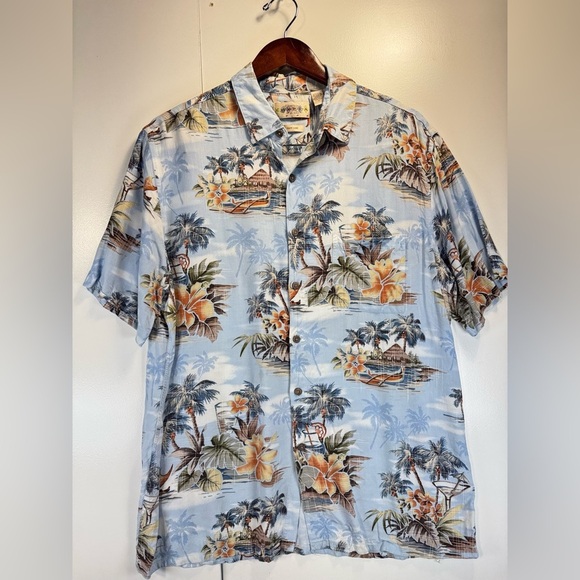 Campia Moda Men's Hawaiian Button Shirt L 100% Rayón All Over Boats Palm Trees - Picture 3 of 8